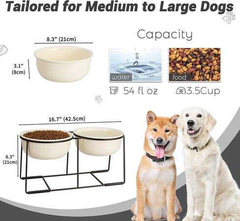Ceramic Elevated Dog Bowl Set - Raised Food and Water Bowls with Metal Stand - Double Pet Dishes for Small and Medium Dogs - 2 Cups - 27 fl oz - Matte Whit in Kuwait