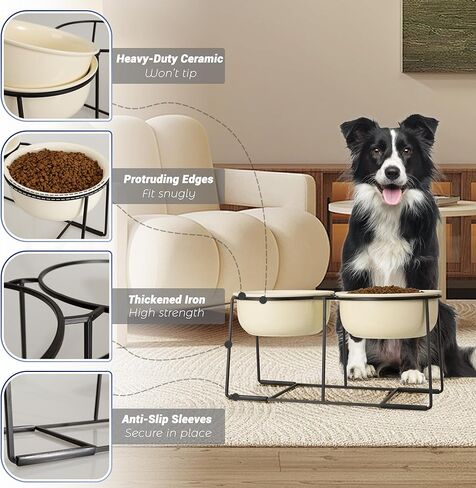 Ceramic Elevated Dog Bowl Set - Raised Food and Water Bowls with Metal Stand - Double Pet Dishes for Small and Medium Dogs - 2 Cups - 27 fl oz - Matte Whit in Kuwait