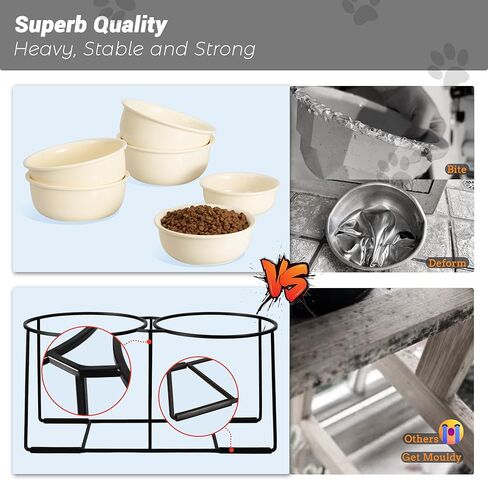 Ceramic Elevated Dog Bowl Set - Raised Food and Water Bowls with Metal Stand - Double Pet Dishes for Small and Medium Dogs - 2 Cups - 27 fl oz - Matte Whit in Kuwait