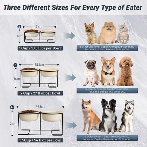 Ceramic Elevated Dog Bowl Set - Raised Food and Water Bowls with Metal Stand - Double Pet Dishes for Small and Medium Dogs - 2 Cups - 27 fl oz - Matte Whit in Kuwait