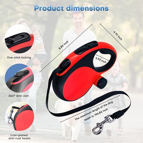 26-Foot Retractable Leash with chew-Resistant Cable for Medium to Large Dogs up to 110 pounds, Sturdy Nylon Strap, Tangle-Free, one-Hand Brake (Red, 26Ft) in Saudi Arabia