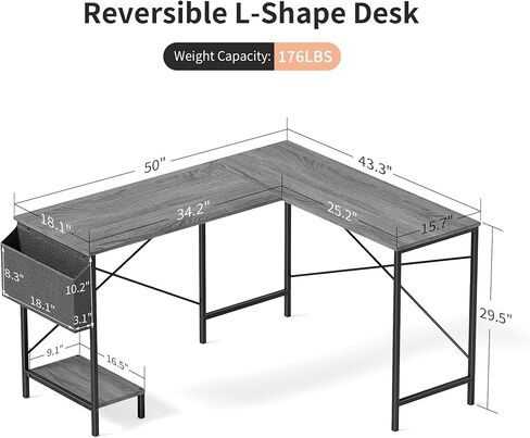 مكتب على شكل L - 50 "مكتب كمبيوتر مكاتب منزلي قابلة للانعكاس ، أعلى الخشب ، إطار معدني ، كيس جانبي ، طاولة زاوية قوية للمكتب للألعاب للعمل ، الكتابة والدراسة ، توفير الفضاء in Kuwait