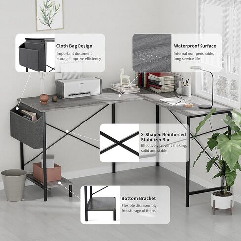 مكتب على شكل L - 50 "مكتب كمبيوتر مكاتب منزلي قابلة للانعكاس ، أعلى الخشب ، إطار معدني ، كيس جانبي ، طاولة زاوية قوية للمكتب للألعاب للعمل ، الكتابة والدراسة ، توفير الفضاء in Kuwait