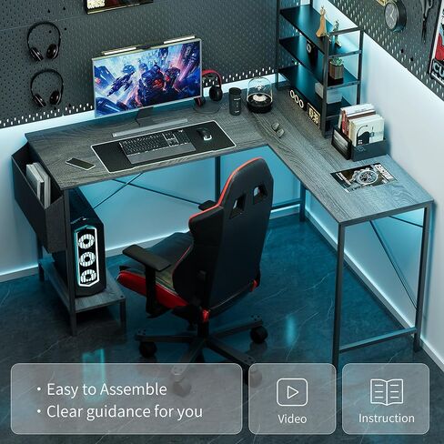 مكتب على شكل L - 50 "مكتب كمبيوتر مكاتب منزلي قابلة للانعكاس ، أعلى الخشب ، إطار معدني ، كيس جانبي ، طاولة زاوية قوية للمكتب للألعاب للعمل ، الكتابة والدراسة ، توفير الفضاء in Kuwait