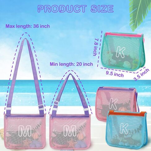 3Pcs Alphabet Printed Seashell Bags, Lightweight & Foldable Kids Beach Toy Mesh Bags with Adjustable Straps, Portable for Pool and Beach Essentials-M in Kuwait