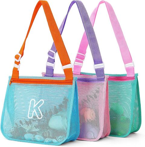 3Pcs Alphabet Printed Seashell Bags, Lightweight & Foldable Kids Beach Toy Mesh Bags with Adjustable Straps, Portable for Pool and Beach Essentials-M in Kuwait