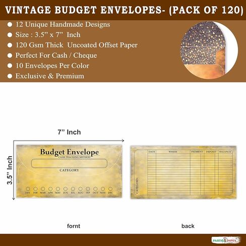 Parth Impex 120 Pack Vintage Budget Mickets نقدًا ، وموثق تعقب الميزانية ، وتحدي توفير الأموال ، وكبير لإدارة الأموال ، وحشو النقود ، ومنظم الادخار 3.5 "× 7" في 12 لونًا in Kuwait