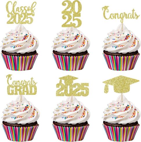 30pcs Gold Glitter Graduation Cupcake Toppers 2025 Class of 2025 Cupcake Topcake Toppers تختار 2025 للذهب 2025 Grad Party Cake Decorations in Kuwait