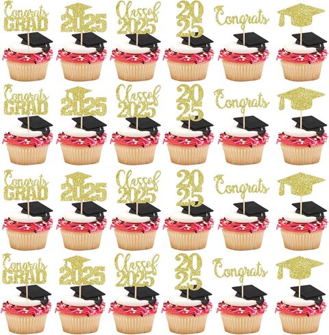30pcs Gold Glitter Graduation Cupcake Toppers 2025 Class of 2025 Cupcake Topcake Toppers تختار 2025 للذهب 2025 Grad Party Cake Decorations in Kuwait