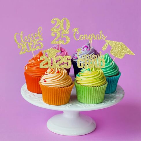 30pcs Gold Glitter Graduation Cupcake Toppers 2025 Class of 2025 Cupcake Topcake Toppers تختار 2025 للذهب 2025 Grad Party Cake Decorations in Kuwait