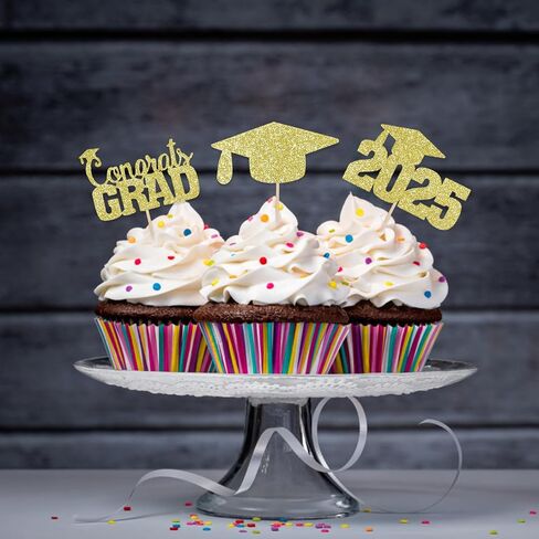 30pcs Gold Glitter Graduation Cupcake Toppers 2025 Class of 2025 Cupcake Topcake Toppers تختار 2025 للذهب 2025 Grad Party Cake Decorations in Kuwait