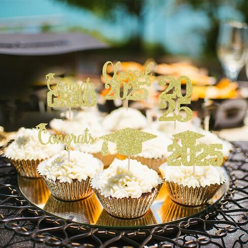 30pcs Gold Glitter Graduation Cupcake Toppers 2025 Class of 2025 Cupcake Topcake Toppers تختار 2025 للذهب 2025 Grad Party Cake Decorations in Kuwait