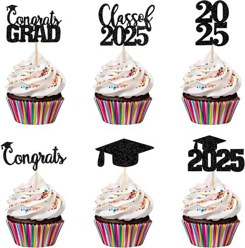 30pcs Gold Glitter Graduation Cupcake Toppers 2025 Class of 2025 Cupcake Topcake Toppers تختار 2025 للذهب 2025 Grad Party Cake Decorations in Saudi Arabia