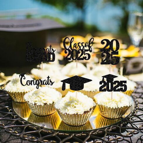 30pcs Gold Glitter Graduation Cupcake Toppers 2025 Class of 2025 Cupcake Topcake Toppers تختار 2025 للذهب 2025 Grad Party Cake Decorations in Saudi Arabia
