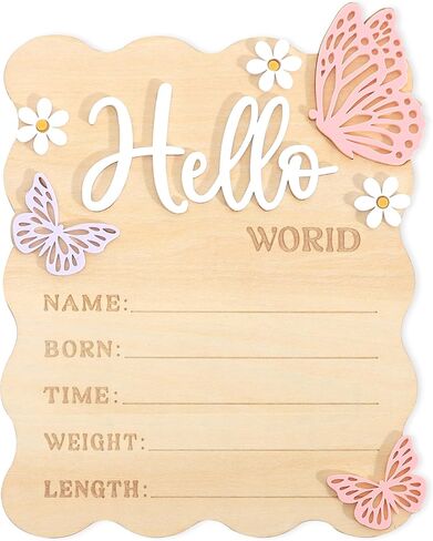 Butterfly Daisy Hello World Board - Little Butterfly Birth Announcement Sign,Wooden Hello World Card for Hospitals,Newborn Birth Information Record Board,Daisy Nursery Decorations Photo Props in Kuwait