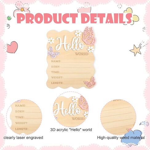 Butterfly Daisy Hello World Board - Little Butterfly Birth Announcement Sign,Wooden Hello World Card for Hospitals,Newborn Birth Information Record Board,Daisy Nursery Decorations Photo Props in Kuwait