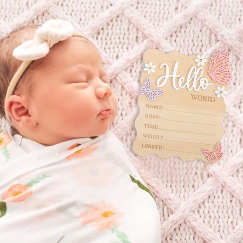 Butterfly Daisy Hello World Board - Little Butterfly Birth Announcement Sign,Wooden Hello World Card for Hospitals,Newborn Birth Information Record Board,Daisy Nursery Decorations Photo Props in Kuwait
