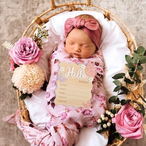 Butterfly Daisy Hello World Board - Little Butterfly Birth Announcement Sign,Wooden Hello World Card for Hospitals,Newborn Birth Information Record Board,Daisy Nursery Decorations Photo Props in Kuwait