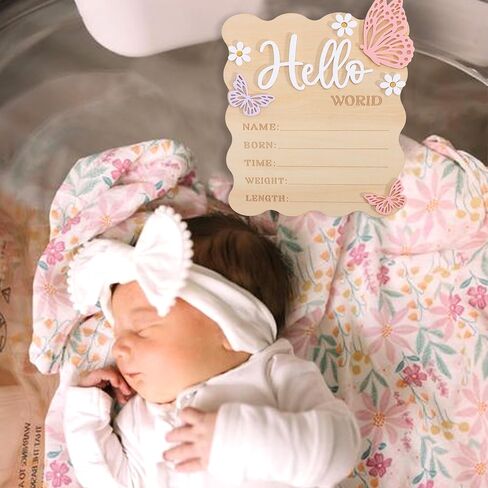 Butterfly Daisy Hello World Board - Little Butterfly Birth Announcement Sign,Wooden Hello World Card for Hospitals,Newborn Birth Information Record Board,Daisy Nursery Decorations Photo Props in Kuwait