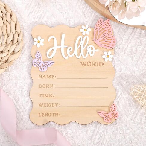 Butterfly Daisy Hello World Board - Little Butterfly Birth Announcement Sign,Wooden Hello World Card for Hospitals,Newborn Birth Information Record Board,Daisy Nursery Decorations Photo Props in Kuwait