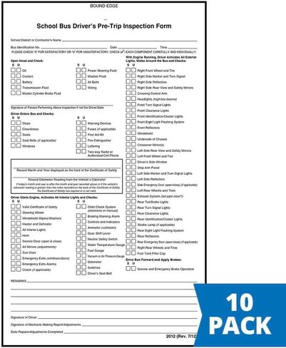 School Bus Driver's Pre-Trip Vehicle Inspection Form 10-pk. - Book Format with 31 Sets, 2-Ply Carbonless, 5.5" x 9.25", J. J. Keller & Associates, Inc. in Saudi Arabia