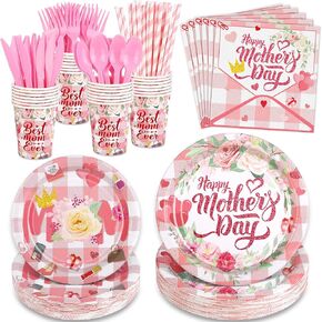 Durony 240 Pitces Happy Mother's Party Supplies مجموعة أدوات المائدة تتضمن لوحات الورق في عيد الأم مناديل Cups Forks Knives Straws for Mother's Decorts ، خدمة 30 ضيفًا