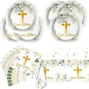 مجموعة أدوات المائدة المتبقية الله ， أول لوحات Compleion 20 و 20 مناديلًا و TableCloth42 "× 70" ، لزينة حزب كنيسة المعمودية حديثي الولادة