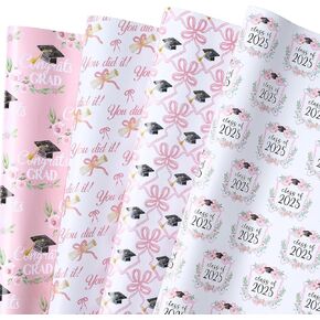 RUSPEPA Graduation Wrapping Paper Sheets for Girls, Elegant Pink Design with Class of 2025", "You Did It, Caps and Floral Bows Great for Graduation Celebrations, 12 Folded Sheets, 19.68 X 27.5 Inch