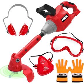 deAO Kids Weed Trimmer Toy Weed Wacker Toy with Lights and Sounds Pretend Play Garden Toy Includes Mask Safety Goggle Gloves and Earmuff Toy Tools