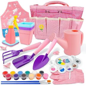 Kids Gardening Set - Toddler Gardening Set with Shovel Rake Trowel, Apron Tote Bag Watering Can for Kids Gardening Tools - Ideal Kids Gardening Tools Gift for Boys and Girls（Pink）