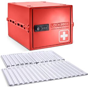 LockaBox One ™ Medi Red & Shelf Pack حزمة | صندوق القفل للطعام والأدوية والتكنولوجيا والسلامة المنزلية مع أرفف قابلة للإزالة وإدراج قاعدة