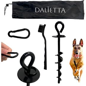 حصة Tie -out Daltta مع حلقة دوارة 360 درجة تحمل ما يصل إلى 200 رطل - حصة الترامبولين الكاملة وربط الكلب لترسيخ الفناء على العشب والتربة والرمال - الأسود