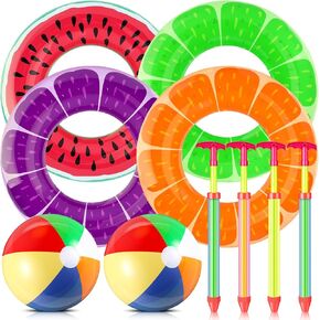 10 PCS Beach Pool Party Favors 4 Fruit Pool Floats 4 Water Guns 2 Beach Balls Beach Swimming Postable Pool Float Rings Swing Supplies لحفلات الصيف وألعاب المياه