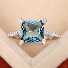 Htayekog Blue quadriprong Square Zircon Ring Promise Rings for her, Diamond Ring Eternity Rings Cocktail Ring 18K Gold Plated for Women Square cz Engagement Ring Promise Engagement Band Size 6-10（7）