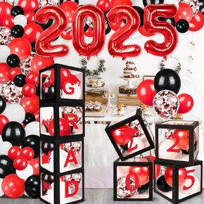 فئة زخارف التخرج من 2025 ، زخارف حفلات الدراسات العليا مع صناديق البالونات 4pcs ، 2025 حفلة احتفال في كلية المدرسة الثانوية مع مجموعة البالونات ، التخرج - الأحمر والأسود