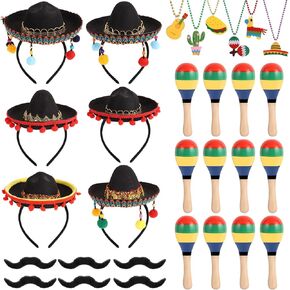 30 Pcs Mexican Party Favors Mini Sombrero Hat with Headband Wooden Fiesta Maracas Mexican Bead Necklaces Fake Beard Cinco de Mayo Mexican Party Supplies