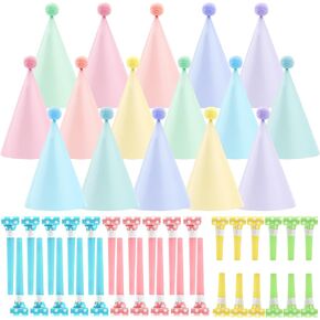 48 PCS Pastel Birthday Party Hats تشمل 16 قبعات مخروطية عيد ميلاد باستيل قوس قزح و 32 من صانعي الضوضاء الملونة لمستلزمات حفل زفاف زفاف الطفل