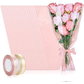 tchrules 50PCS Flower Bouquet Wrapping Paper with Ribbon, Kraft Flower Sleeves for Bouquets, Brown Floral Packing Bags Bulk for Valentine's Day Mother's Day Graduation Wedding, 17.7x9.4x3.5 inch
