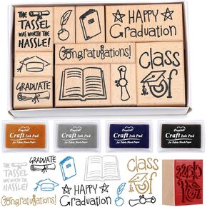 10 Pcs Graduation Stamps for Card Making 10 Styles Congrats Grad Wooden Rubber Stamps with 4 Colors Ink Pads for Class of 2025 DIY Crafting Scrapbooking Decorative Paper Card Photo Album