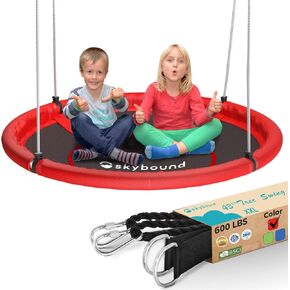 Skybound 43 "Saucer Swing for Kids Outdoor - Textilene Fabric ، إطار فولاذي مجلفن ، سعة 600 رطل ، حبال قابلة للتعديل (أحمر)
