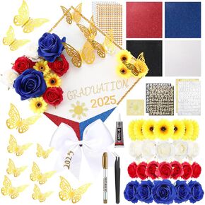 Winnerwhy 50pcs DIY Mexican Flag Flag Cap Decorations 2025 Handmade Mexico Grad Hat Kit تضمنت فوهة زهرة فو ، رقم رسالة راينستونز ثلاثية الفراشة 3D