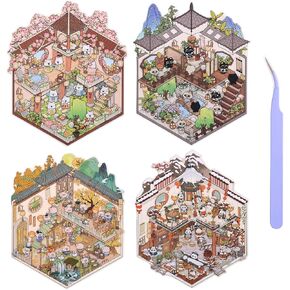 Girls 3D Miniature Scene Stickers, 4 Sets World Travel DIY House Stickers for Museun, Hotel, Magic House, Drive-In Restaurant, Cute 3D Cartoon Sticker Scenes for Adult Kids Relief Stress Pass The Time