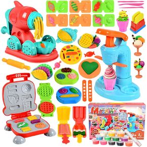 مجموعات PlayDough للأطفال ، و 3 في 1 في 1 العجين المطبخ المطبخ يتميز الآلات الآيس كريم ، والمعكرونة ، وآلات صانعات البرغر ، والفنون الكاملة للفنون.