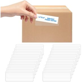 Meetory 100 PCS 4.3" x 1.2" Clear Label Holder Adhesive Pockets Shelf Tag Index Card Plastic Draw File Cabinet Storage Bins Laber Holder for Bookself Business Kitchen