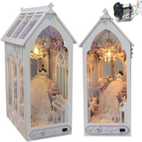 DIY Doll House with Musical Movement, Wedding Theme Book Nook Kit, Illusion Mirror Design Miniature Dollhouse Kit, Booknook Bookshelf Desktop Decor Model Build for Adult Wedding Gift