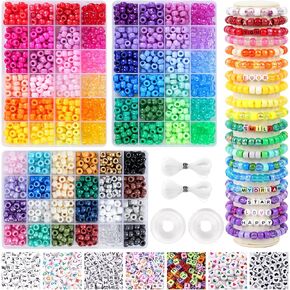 QUEFE 3250pcs Pony Beads Set, Kandi Beads 2400pcs Rainbow Beads in 96 Colors, 800pcs Letter and Heart Beads with 20 Meter Elastic Threads for Bracelet Jewelry Necklace Making