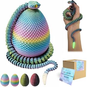 23" 3D Printed Snake with Egg - Flexible Snake with Luminous Tail, 3D Fidget Toys for Autism/ADHD, 3D Printed Animals Snake Toy for Kids & Adults (BlackRed)
