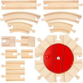 15 Pcs Wooden Train Track Bulk Hardwood Track Rotating Turntables Wood Train Track Expansion Packs Compatible with Most Railway Set