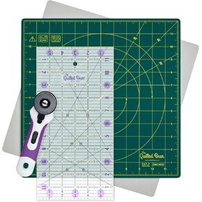 The Quilted Bear Quilter's Bundle - 12" x 12" Rotating Cutting Mat (Green), 6" x 12" Quilting Ruler & 45mm Rotary Cutter Bundle for Quilting & Crafting