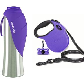 Tuff Pupper Retractable Dog Leash and 40oz Pupflask Portable Water Bottle - Violet